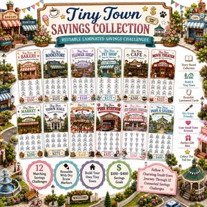 May include: A collection of twelve rectangular, reusable laminated savings challenge cards featuring illustrated small-town storefronts like a bakery, bookstore, and fire station. Each card includes dollar amount icons for tracking savings goals ranging from $100 to $400.