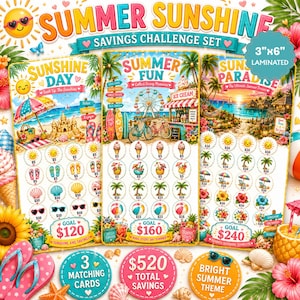 May include: A set of three laminated 3"x6" savings challenge cards titled Summer Sunshine, Summer Fun, and Summer Paradise. Each card features colorful summer illustrations, scratch-off circles with dollar amounts, and specific savings goals.