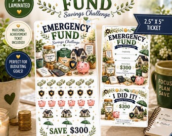 Emergency Fund Savings Challenge | Laminated 3x6 Cash Stuffing Challenge | Emergency Savings Tracker | Matching Achievement Ticket