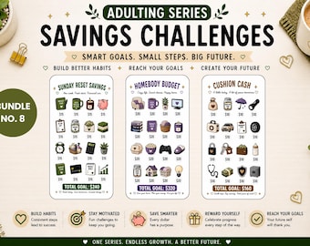 May include: A visual guide for savings challenges, featuring three themed bundles: Sunday Reset Savings, Homebody Budget, and Cushion Cash. Each bundle includes illustrated icons representing savings goals, with a total goal amount displayed. The image also includes text: "Adulting Series Savings Challenges."