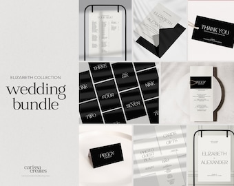 May include: A wedding stationery bundle with black and white text on white cards. The bundle includes a welcome sign, table numbers, place cards, a seating chart, a thank you card, and a menu card. The text includes the names "Elizabeth" and "Alexander".
