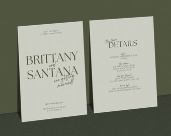May include: Wedding invitation with a minimalist design. The invitation features the names Brittany and Santana, the date September 12, 2016, and the location The Barn on Boundary, Eaton, Indiana. The invitation also includes the details of the wedding ceremony, including the time and location.