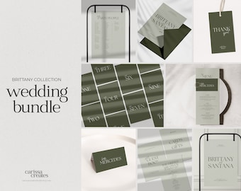 May include: A wedding stationery bundle with a green and white color scheme. The bundle includes a welcome sign, table numbers, place cards, a menu, a guest book, a thank you tag, and a card for cards and gifts. The text on the welcome sign reads "Brittany and Santana".