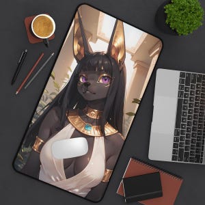 Anubis Furry Girl Desk Mat - Anthro Computer Accessory and Decor - Large Mousepad