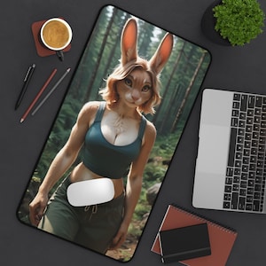 Realistic Rabbit Furry Girl Desk Mat - Anthro Computer Accessory and Decor - Large Mousepad