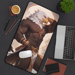 Alfombrilla de escritorio con diseño de águila macho y peludo - Accesorio y decoración para ordenador Anthro - Alfombrilla de ratón grande