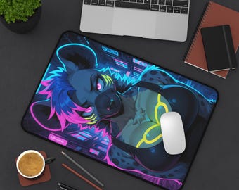 Scifi Anthro Hyena Girl Desk Mat - Anthro Computer Accessory and Decor - Large Mousepad