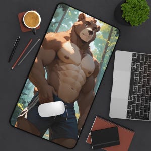 Alfombrilla de escritorio con forma de oso peludo sin camisa - Accesorio y decoración para computadora Anthro - Alfombrilla de ratón grande