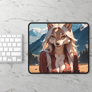 Flannel Wolf Girl Mousepad - Furry Computer Accessories and Decor