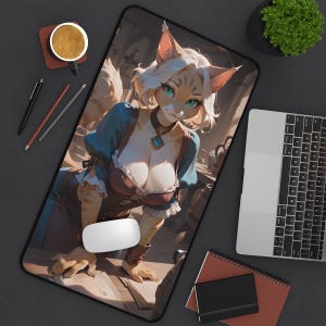 Tavern Cat Furry Girl Desk Mat - Anthro Computer Accessory and Decor - Large Mousepad