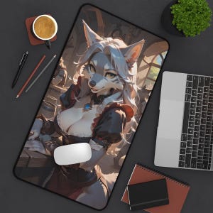 Fantasy Wolf Furry Girl Desk Mat - Anthro Computer Accessory and Decor - Large Mousepad