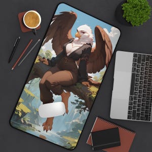 Cute Eagle Furry Girl Desk Mat - Anthro Computer Accessory and Decor - Large Mousepad