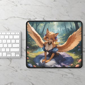 Winged Fox Girl Mousepad - Furry Computer Accessories and Decor - Anthro Gaming Mouse Pad, Desk Accessory, Mouse Mat