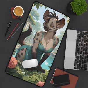 Anthro Hyena Girl Deskmat - Furry Girl Gaming Desk Mat, Computer Accessory, Mouse Mat Workstation Pad, Gaming Mousepad