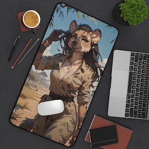 Hyena Furry Girl Desk Mat - Anthro Computer Accessory and Decor - Large Mousepad