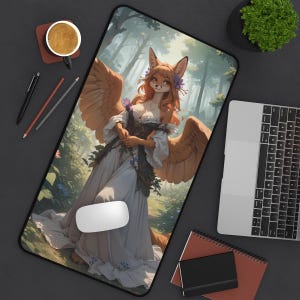 Anthro Fox Girl Deskmat - Furry Girl Gaming Desk Mat, Computer Accessory, Mouse Mat Workstation Pad, Gaming Mousepad