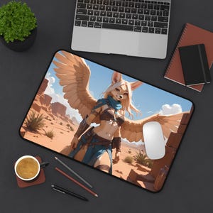 Winged Fennec Fox Furry Girl Desk Mat - Anthro Computer Accessory and Decor - Large Mousepad