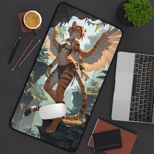 Winged Tiger Furry Girl Desk Mat - Anthro Computer Accessory and Decor - Large Mousepad