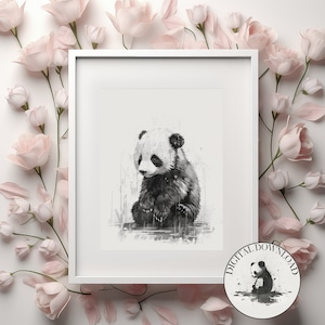 Panda In the Rain - DIGITAL DOWNLOAD, Cute Panda Illustration, Infant Nursary Decor, Ink Drawing, PRINTABLE Art