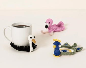 Patrón de posavasos de aves: pavo real, búho, flamenco, tucán y avestruz (patrón PDF)