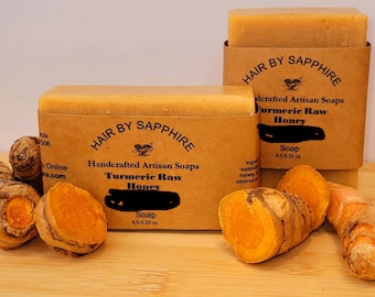 Jabón de cúrcuma con miel cruda - Cuerpo, Piel, Lavado facial, Limpiador facial, Barra suave para rostro y cuerpo, Procesado en frío, Cúrcuma orgánica