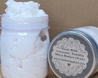 Manteca de karité y coco con leche de cabra y vainilla -8 oz I Manteca corporal con leche de cabra, Alfa hidroxi, antienvejecimiento, líneas finas I arrugas, tonificar la piel I loción