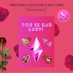 Pode incluir: Cartão de Dia dos Namorados imprimível com o texto "POR SE GAB LURV!" em letras cor-de-rosa. O cartão apresenta um diamante rosa com uma rosa vermelha, um foguete vermelho, um coração vermelho e uma boca vermelha com dentes.