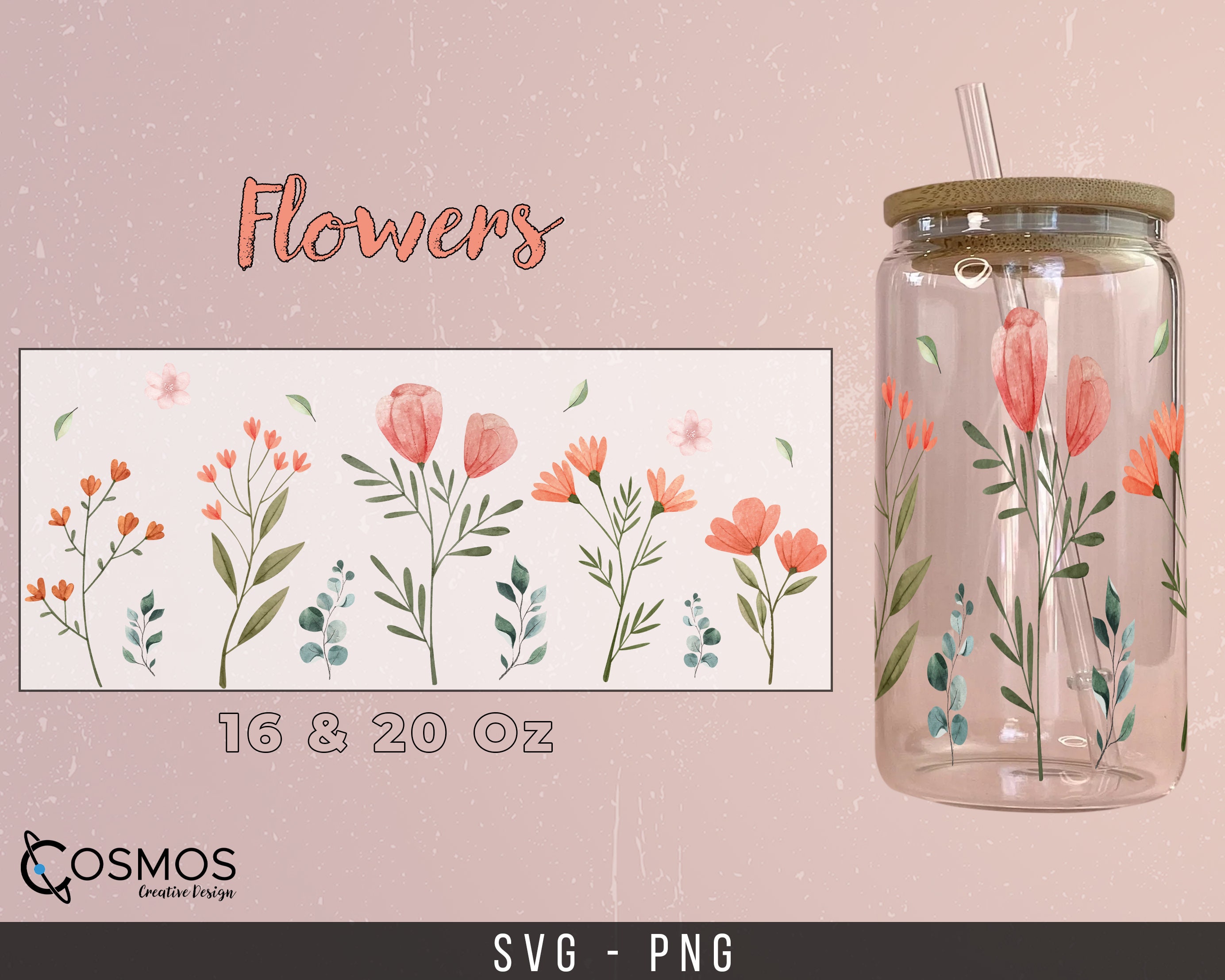 Flowers 16oz & 20oz Glass Can Svg Dxf Png Files Digital - Etsy
