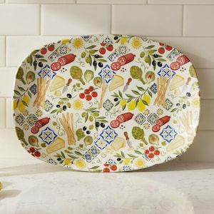 Italian Appetizer Platter, Mediterranean Charcuterie, Rustic Foodie Design, Cheese Salami Olives, Lemon Artichoke Pattern, 10x14 Serving