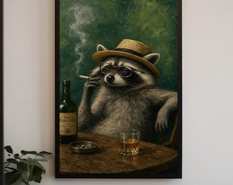 Lámina artística de mapache caballero, arte de pared de mapache fumando whisky, descarga digital de animales originales para decoración de bar, regalo para él.