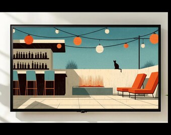 Arte digital para TV con marco de estilo moderno de mediados de siglo, descarga digital, bar retro en azotea con patio y arte de pared de gato negro, decoración MCM