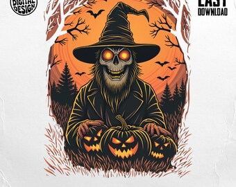 Halloween Skeleton Scarecrow in Witch Hat PNG, Spooky Season, Pumpkins, Digital Download, Fall Design