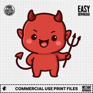 Könnte beinhalten: Cartoon-Illustration eines roten Teufels mit Hörnern, Schwanz und Dreizack. Der Teufel hat ein lächelndes Gesicht mit rosigen Wangen. Das Bild enthält den Text "PNG DIGITAL DESIGN", "EASY DOWNLOAD" und "COMMERCIAL USE PRINT FILES".