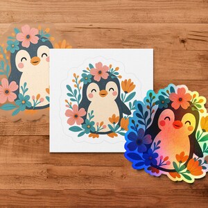 Cute Penguin and Owl Floral Stickers, Colorful Nature Inspired Decals, Decorative Bird and Flower Designs, Vibrant Art Stickers