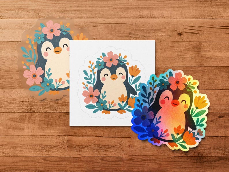 Cute Penguin and Owl Floral Stickers, Colorful Nature Inspired Decals, Decorative Bird and Flower Designs, Vibrant Art Stickers