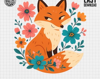 Cute Fox with Flowers PNG, Floral Fox Clipart, Cartoon Fox Png, Flower Sublimation, Digital Download, Whimsical Design