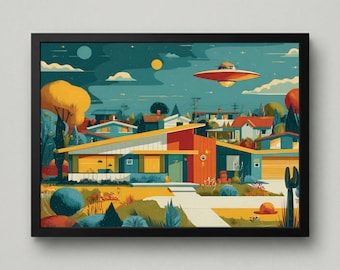 Lámina digital de ovnis de estilo moderno de mediados de siglo, arte mural retrofuturista para el hogar, decoración de ciencia ficción de la era atómica.