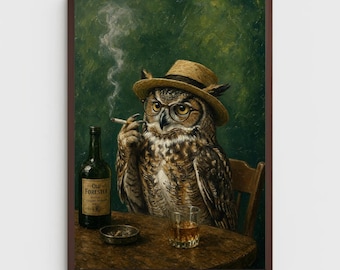 Arte mural de búho fumando, retrato animal de whisky vintage, decoración imprimible de búho divertido, descarga digital de estilo academia oscura para oficina.