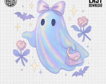 Cute Ghost PNG, Bow Ghost Clipart, Pastel Ghost Png, Halloween Png, Stars Bats Roses Sublimation, Digital Download Design