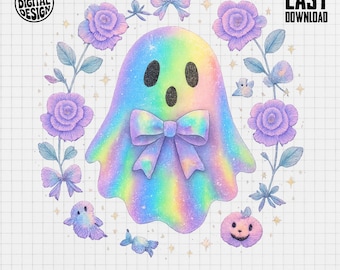 Pastel Ghost PNG, Cute Ghost Clipart, Rainbow Ghost Png, Halloween Png, Ghost with Bow Sublimation, Digital Download