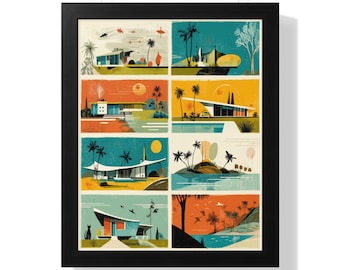 Arte mural de estilo moderno de mediados de siglo, decoración de la era atómica, láminas de casas retro, ambiente de Palm Springs, póster vintage de casa de playa, láminas de arte paisajístico