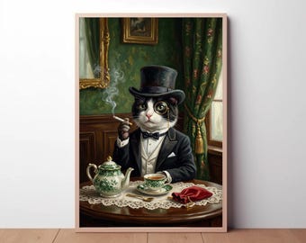 Cuadro decorativo de gato caballero, retrato de gato de fiesta de té vintage, gato esmoquin fumando (para imprimir), descarga digital estilo Dark Academia