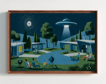 Lámina digital retro de avistamiento de ovnis de mediados de siglo, arte mural de ciencia ficción de la era atómica, descarga instantánea y enmarcado de arte para TV con temática de la vida suburbana de mediados de siglo.