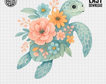 以下が含まれることがあります： 花柄の装飾が施されたウミガメの水彩イラスト。カメは水色で、模様のある甲羅をしています。花はピーチ、オレンジ、青色です。「PNG DIGITAL DESIGN」、「EASY DOWNLOAD」、「COMMERCIAL USE PRINT FILES」の文字が含まれています。