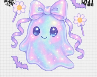 Cute Ghost Png, Pastel Ghost Clipart, Kawaii Ghost Png, Spooky Cute Ghost Sublimation, Ghost With Bow, Digital Download