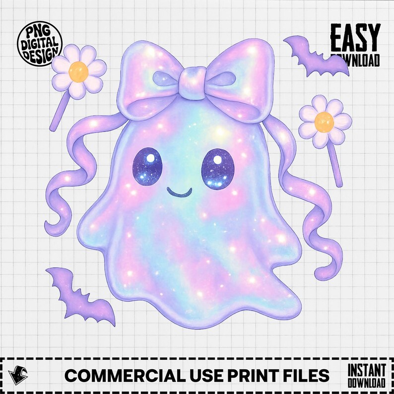 Cute Pastel Ghost Clipart, Digital Download, Commercial Use, PNG Design, Kawaii Halloween Printable, Sparkly Ghost Image