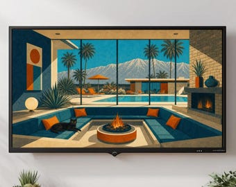 Marco de TV de una casa moderna de mediados de siglo en Palm Springs / Arte de hogar retro en el desierto, descarga digital 4K para TV
