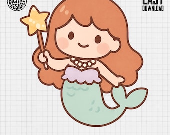 Cute Mermaid PNG, Mermaid Clipart, Kawaii Mermaid Png, Mermaid Sublimation, Digital Download, Star Wand Mermaid