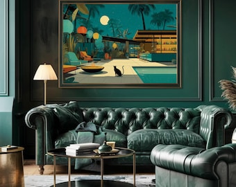 Lámina digital de arte moderno de mediados de siglo, arte mural retro para bar junto a la piscina, decoración con palmeras tropicales y gato negro, descarga para un hogar elegante.