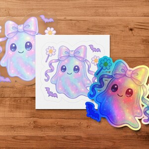 Cute Ghost Sticker, Holographic Bow Ghost, Kawaii Halloween Decal, Pastel Aesthetic, Planner Accessories, Laptop Sticker